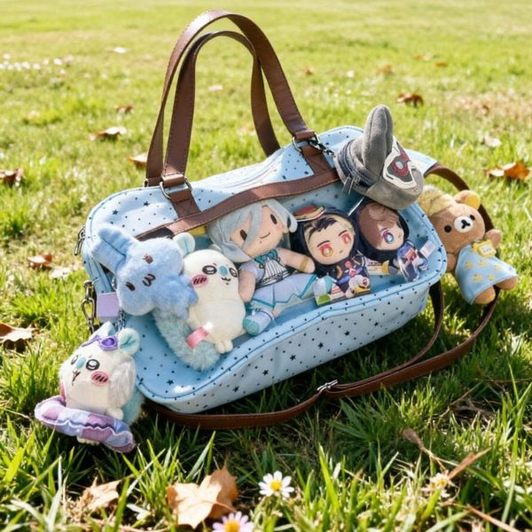 Large Pink Kawaii Star Convertible Ita Bag with Clear Window for Plushies and Pins — ita bag with clear display window