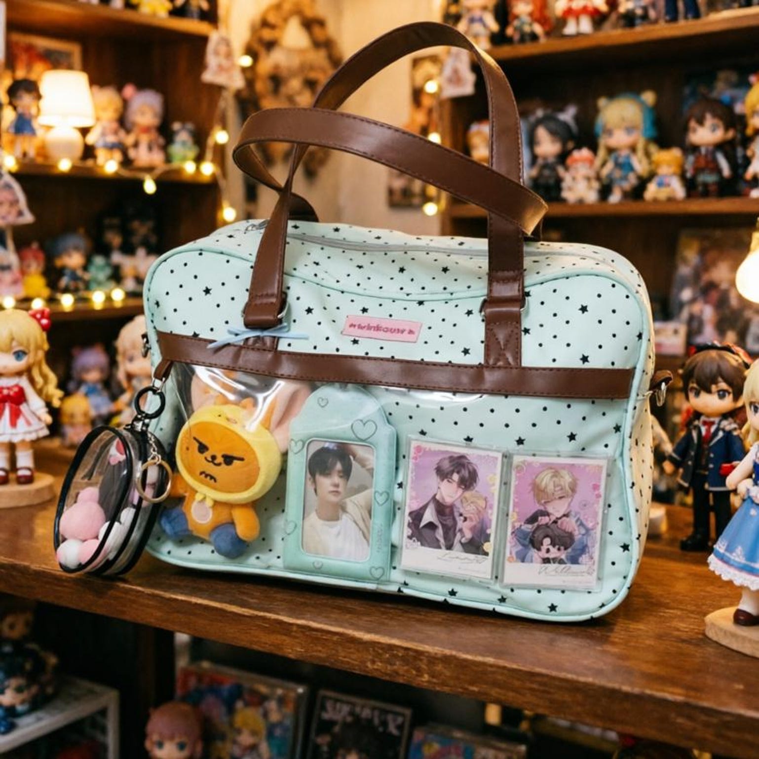 Large Pink Kawaii Star Convertible Ita Bag with Clear Window for Plushies and Pins Large Pink Kawaii Star Convertible Ita Bag with Clear Window for Plushies and Pins — ita bag detail view