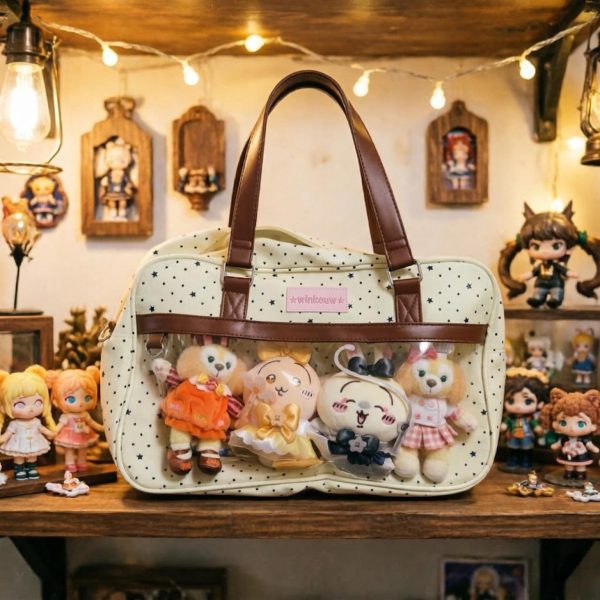 Large Pink Kawaii Star Convertible Ita Bag with Clear Window for Plushies and Pins — ita bag detail view