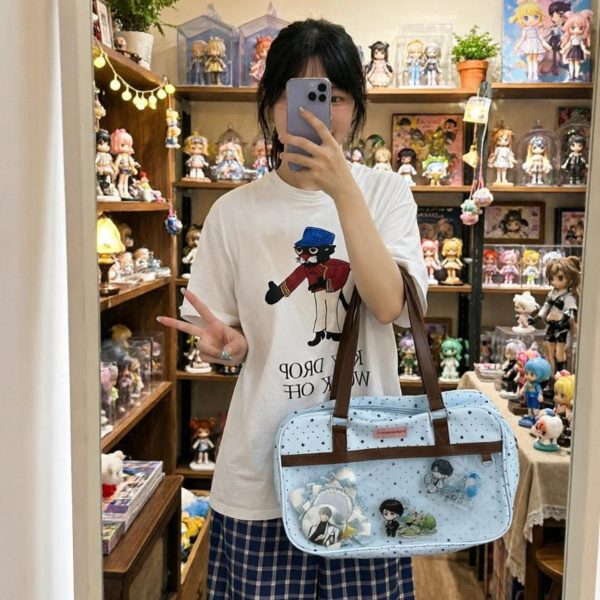 Large Pink Kawaii Star Convertible Ita Bag with Clear Window for Plushies and Pins — ita bag detail view