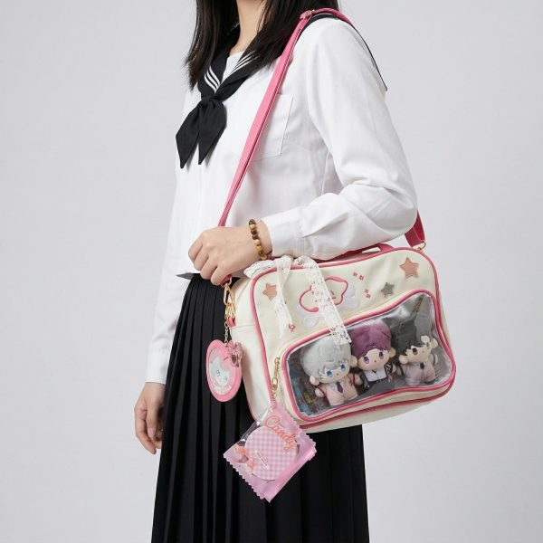 Large Pink Kawaii Y2K Convertible Ita Bag with Clear Window for Plushies and Pins — ita bag detail view