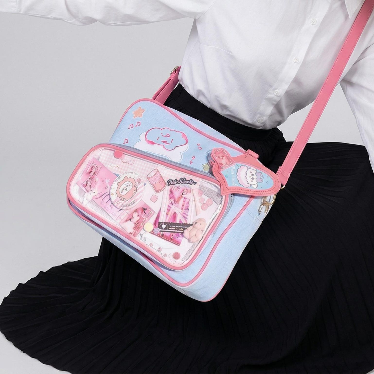 Large Pink Kawaii Y2K Convertible Ita Bag with Clear Window for Plushies and Pins Large Pink Kawaii Y2K Convertible Ita Bag with Clear Window for Plushies and Pins — ita bag detail view