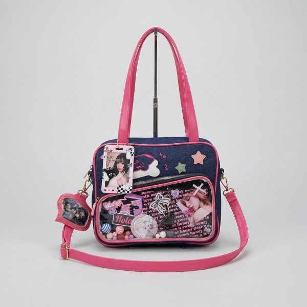 Large Pink Kawaii Y2K Convertible Ita Bag with Clear Window for Plushies and Pins — ita bag detail view