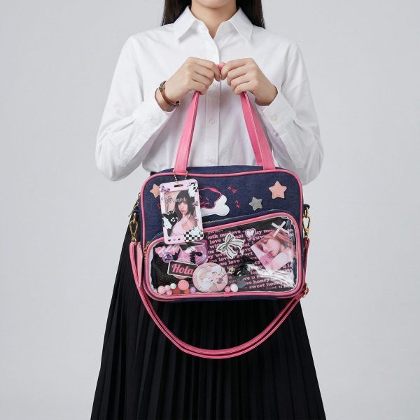 Large Pink Kawaii Y2K Convertible Ita Bag with Clear Window for Plushies and Pins — ita bag detail view