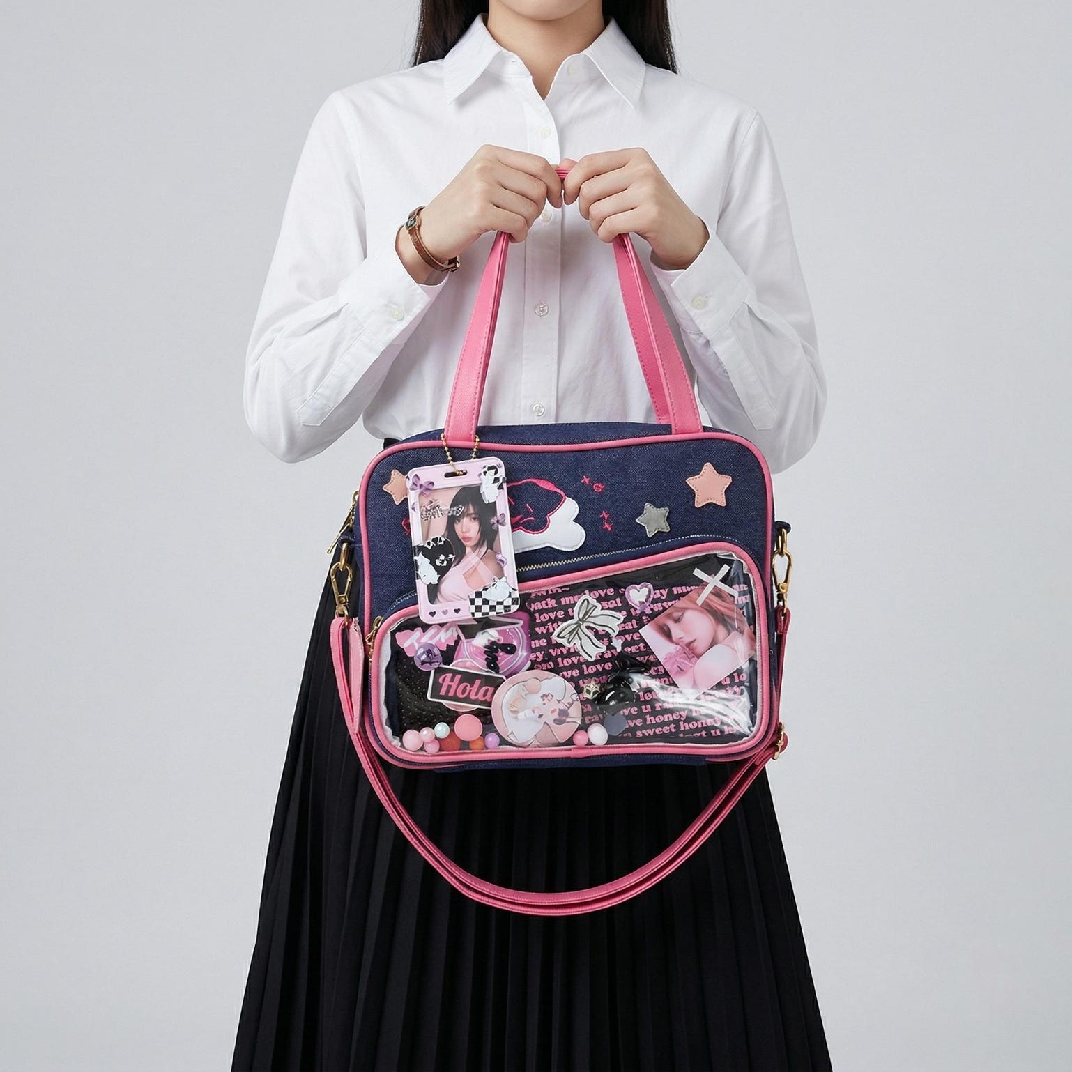 Large Pink Kawaii Y2K Convertible Ita Bag with Clear Window for Plushies and Pins Large Pink Kawaii Y2K Convertible Ita Bag with Clear Window for Plushies and Pins — ita bag detail view