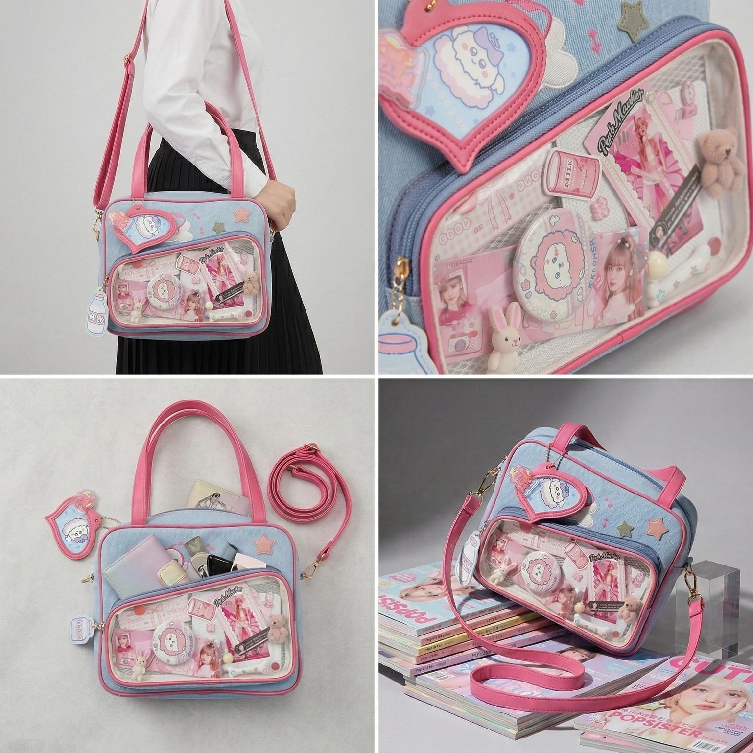 Large Pink Kawaii Y2K Convertible Ita Bag with Clear Window for Plushies and Pins Large Pink Kawaii Y2K Convertible Ita Bag with Clear Window for Plushies and Pins — ita bag detail view