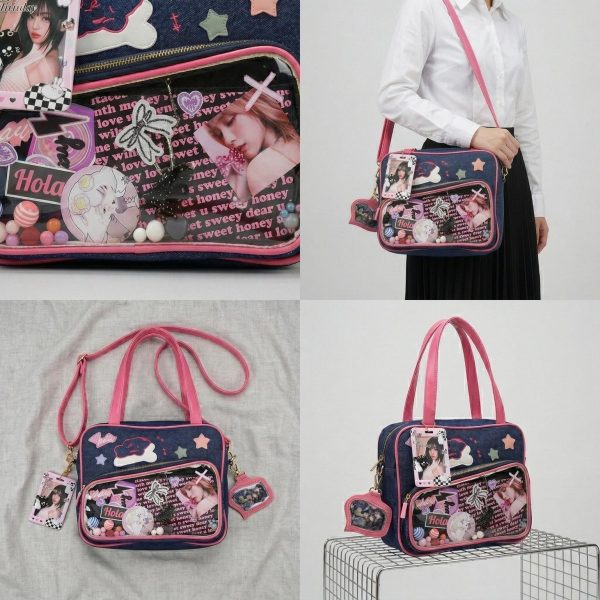 Large Pink Kawaii Y2K Convertible Ita Bag with Clear Window for Plushies and Pins — ita bag detail view