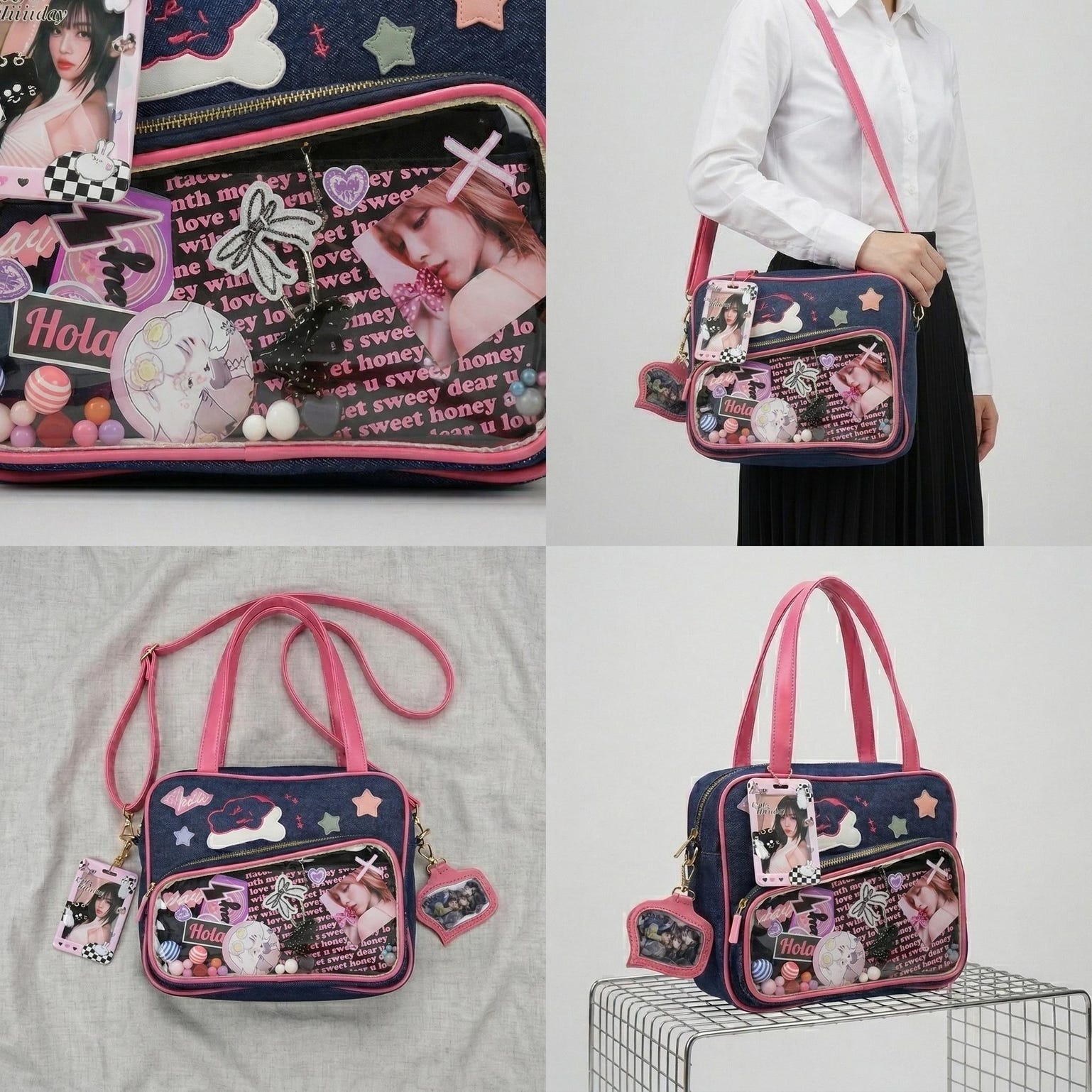 Large Pink Kawaii Y2K Convertible Ita Bag with Clear Window for Plushies and Pins Large Pink Kawaii Y2K Convertible Ita Bag with Clear Window for Plushies and Pins — ita bag detail view