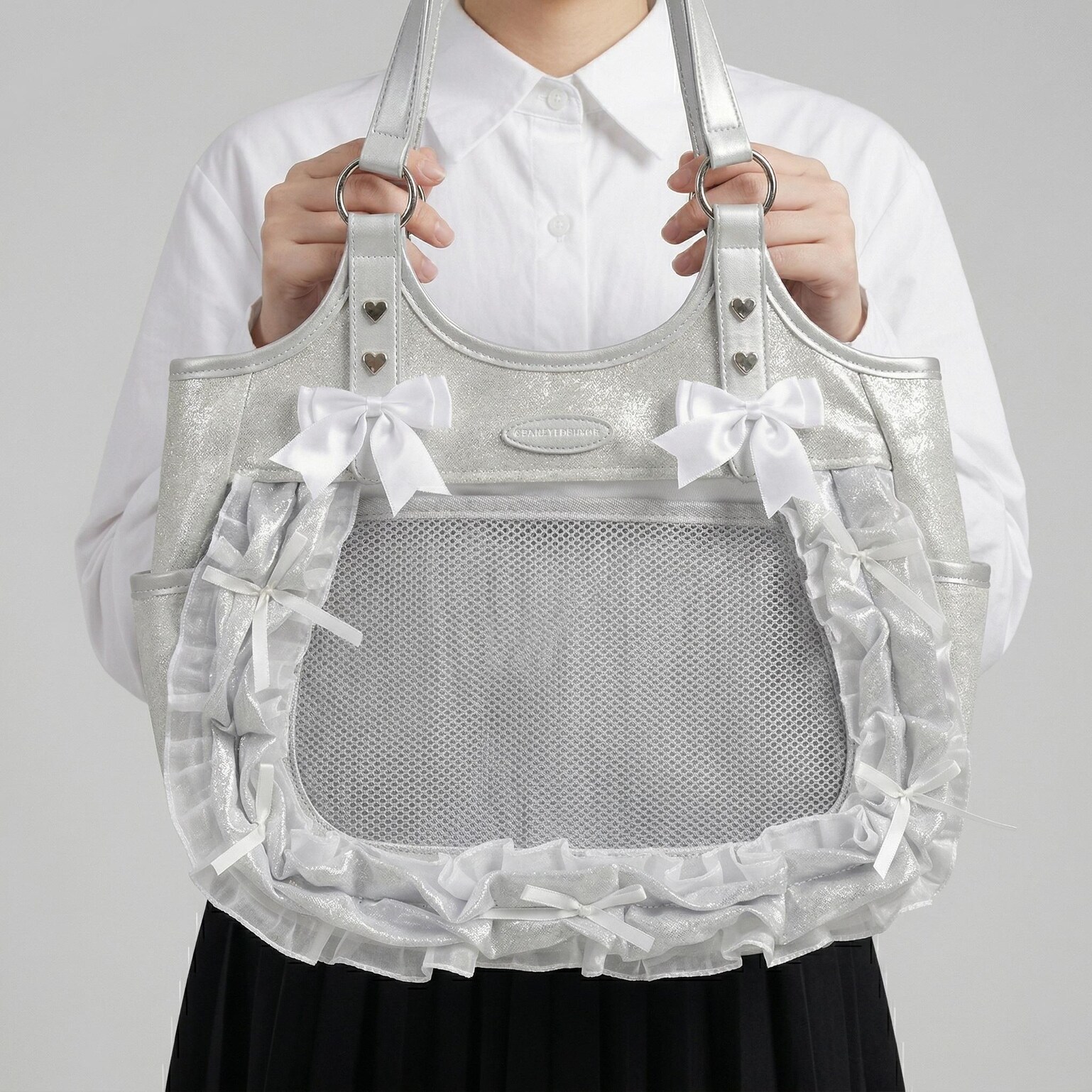 Large Pink Kawaii Y2K Ita Backpack with Clear Window for Plushies and Pins Large Pink Kawaii Y2K Ita Backpack with Clear Window for Plushies and Pins — ita backpack detail view