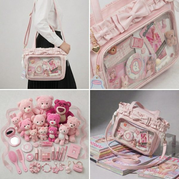 Large Pink Kawaii Y2K Ita Backpack with Clear Window for Plushies and Pins — ita backpack detail view