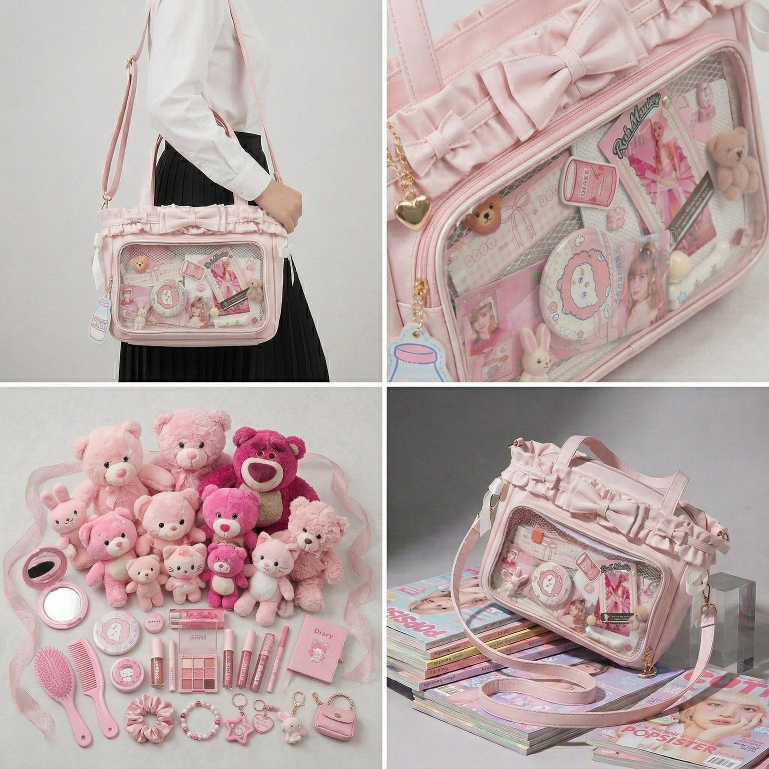 Large Pink Kawaii Y2K Ita Backpack with Clear Window for Plushies and Pins Large Pink Kawaii Y2K Ita Backpack with Clear Window for Plushies and Pins — ita backpack detail view