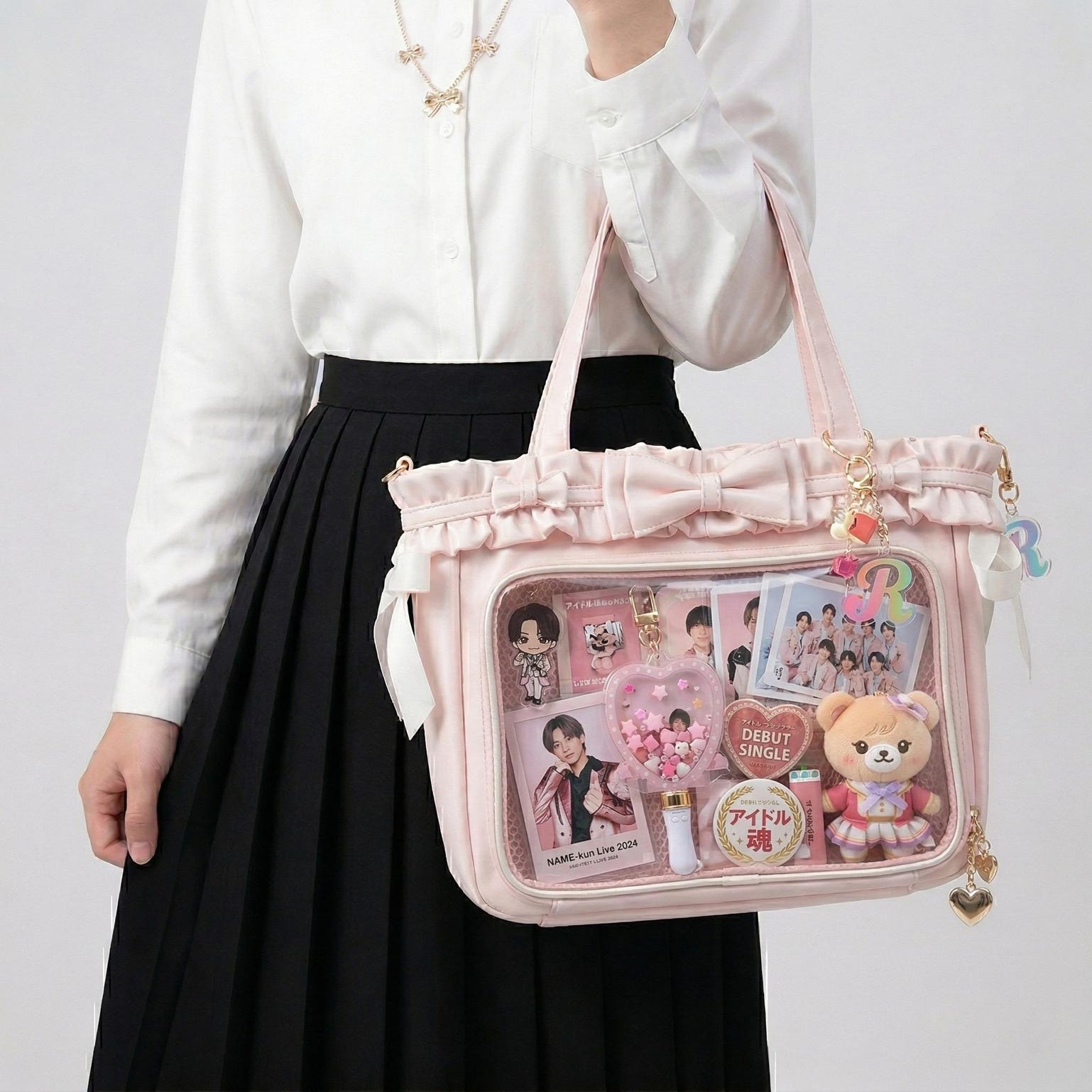 Large Pink Kawaii Y2K Ita Backpack with Clear Window for Plushies and Pins Large Pink Kawaii Y2K Ita Backpack with Clear Window for Plushies and Pins — ita backpack detail view