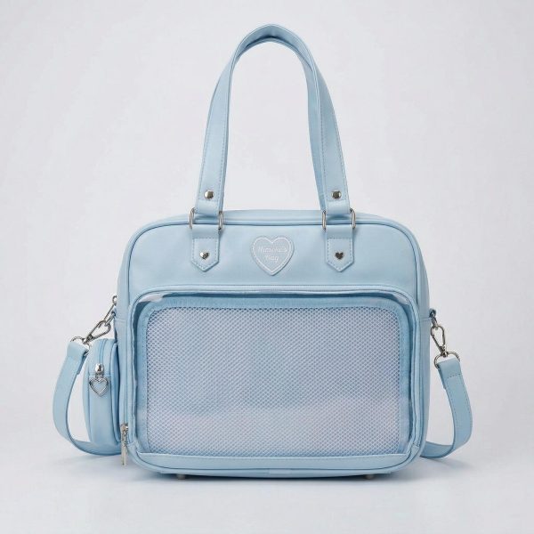 Large Pink Kawaii Y2K Ita Handbag with Clear Window for Pin Display — ita bag detail view