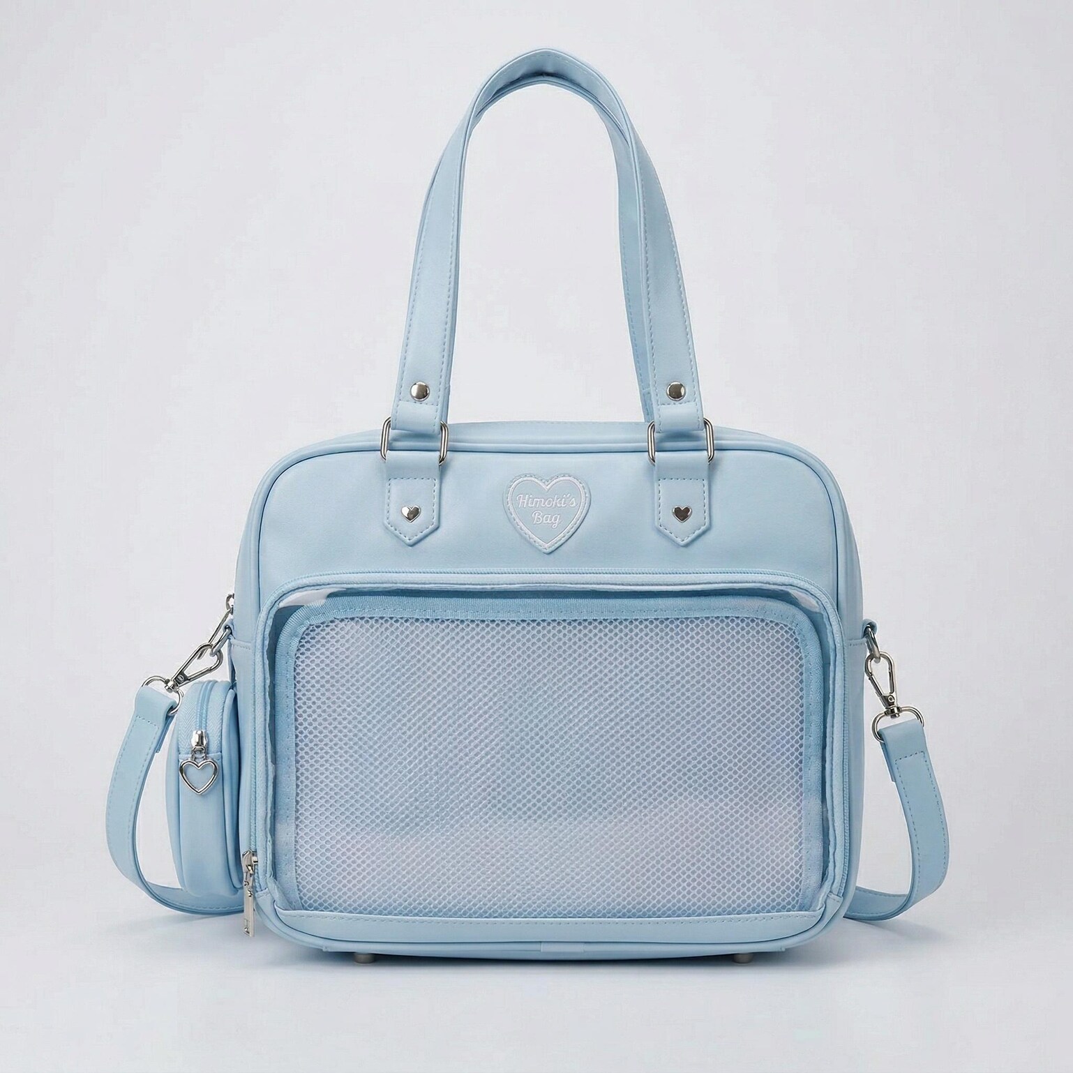Large Pink Kawaii Y2K Ita Handbag with Clear Window for Pin Display Large Pink Kawaii Y2K Ita Handbag with Clear Window for Pin Display — ita bag detail view