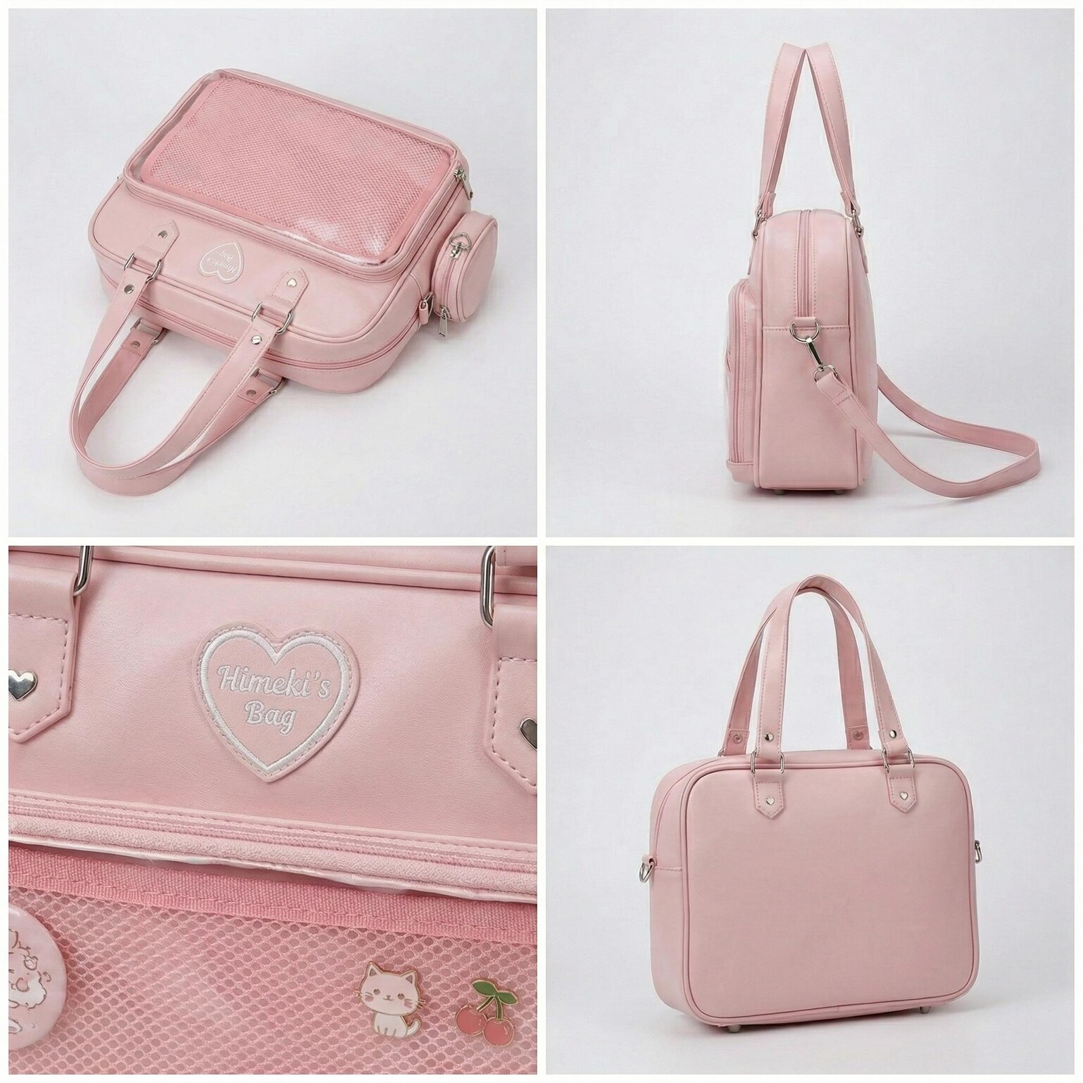 Large Pink Kawaii Y2K Ita Handbag with Clear Window for Pin Display Large Pink Kawaii Y2K Ita Handbag with Clear Window for Pin Display — ita bag detail view