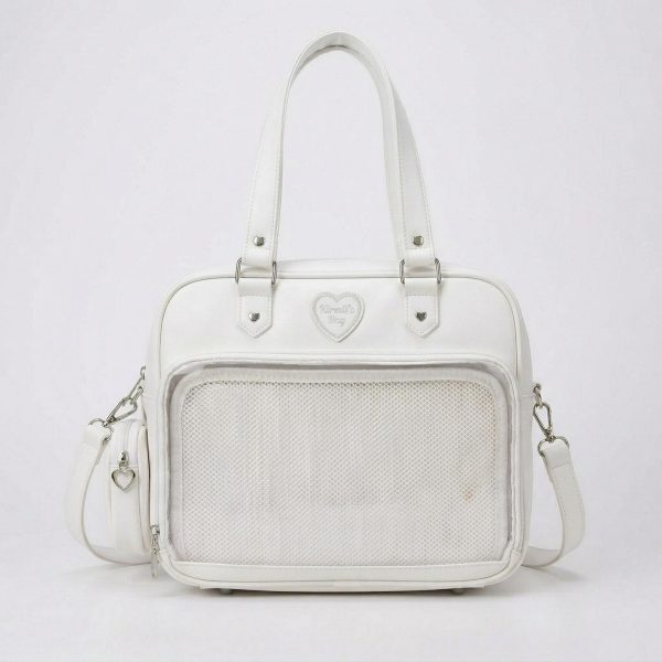 Large Pink Kawaii Y2K Ita Handbag with Clear Window for Pin Display — ita bag detail view