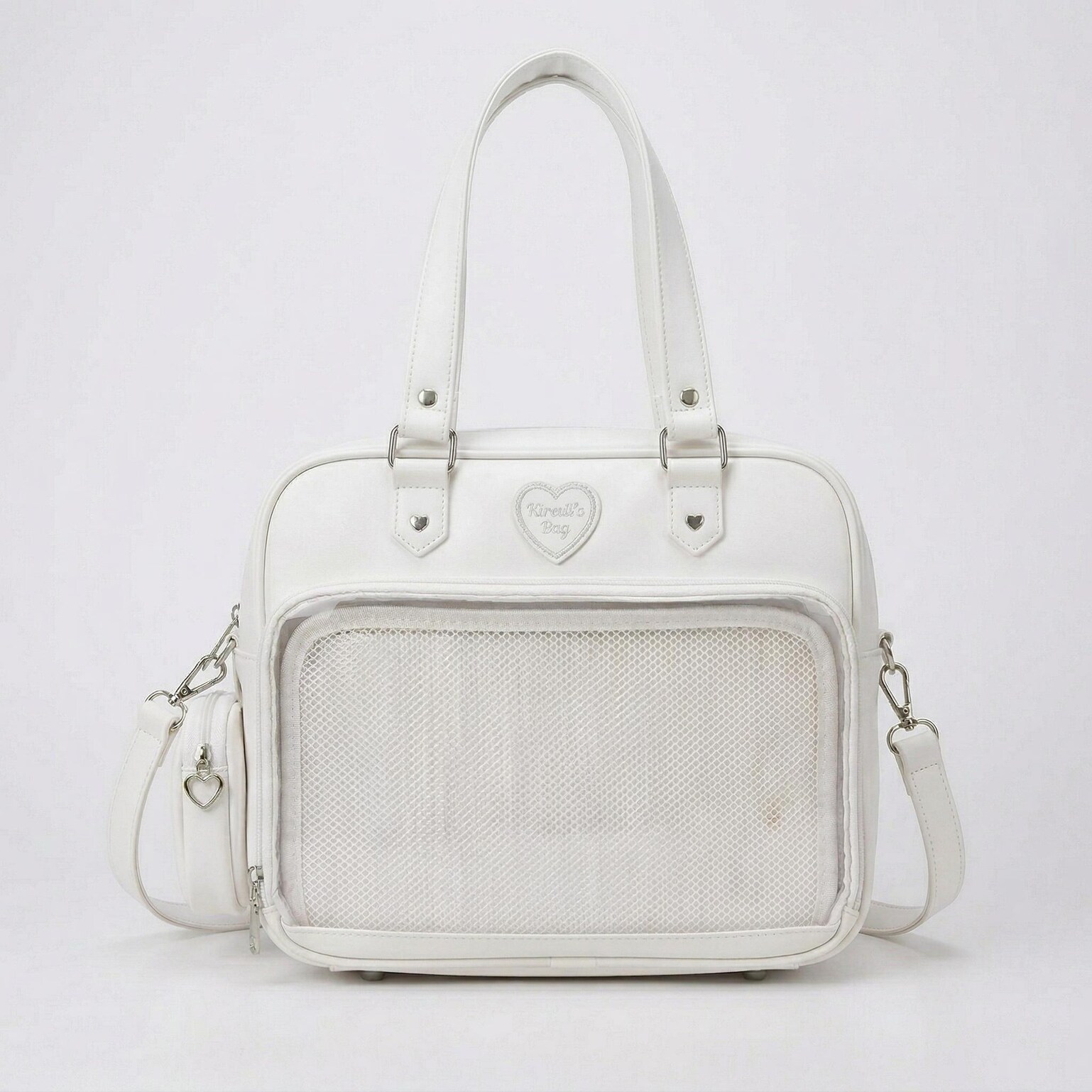 Large Pink Kawaii Y2K Ita Handbag with Clear Window for Pin Display Large Pink Kawaii Y2K Ita Handbag with Clear Window for Pin Display — ita bag detail view