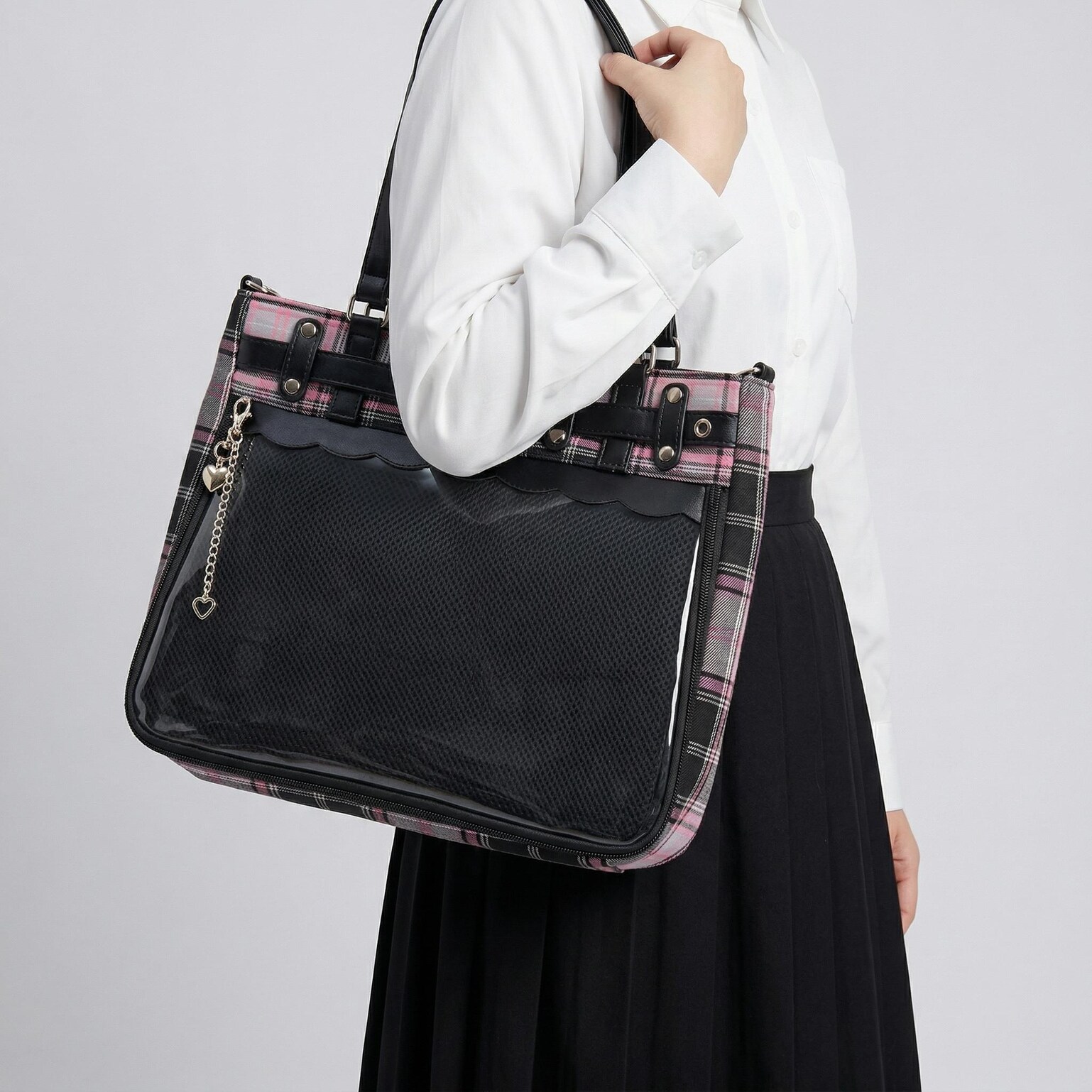 Large Pink Kawaii Y2K Ita Handbag with Clear Window for Pin Display Large Pink Kawaii Y2K Ita Handbag with Clear Window for Pin Display — ita bag detail view