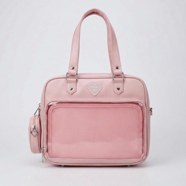 Large Pink Kawaii Y2K Ita Handbag with Clear Window for Pin Display — ita bag detail view