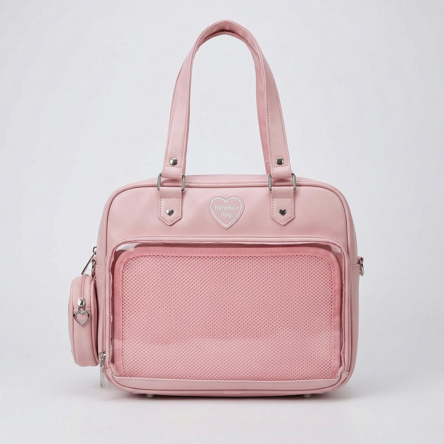 Large Pink Kawaii Y2K Ita Handbag with Clear Window for Pin Display Large Pink Kawaii Y2K Ita Handbag with Clear Window for Pin Display — ita bag detail view