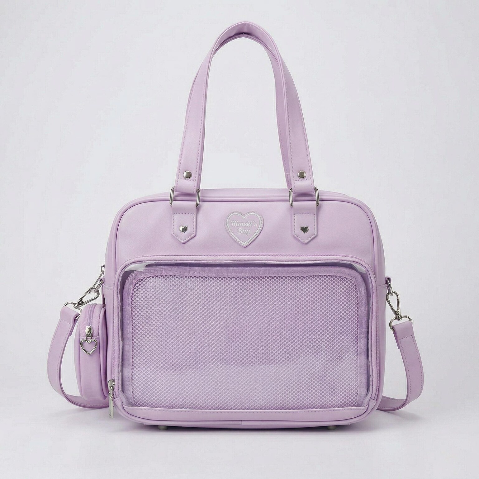 Large Pink Kawaii Y2K Ita Handbag with Clear Window for Pin Display Large Pink Kawaii Y2K Ita Handbag with Clear Window for Pin Display — ita bag detail view