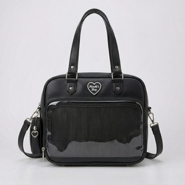 Large Pink Kawaii Y2K Ita Handbag with Clear Window for Pin Display — ita bag detail view