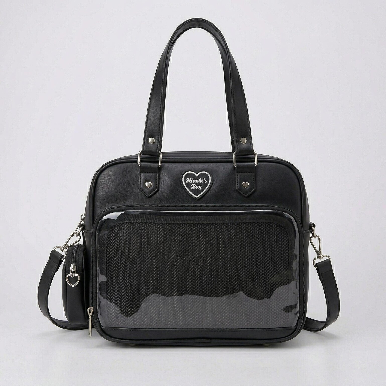 Large Pink Kawaii Y2K Ita Handbag with Clear Window for Pin Display Large Pink Kawaii Y2K Ita Handbag with Clear Window for Pin Display — ita bag detail view