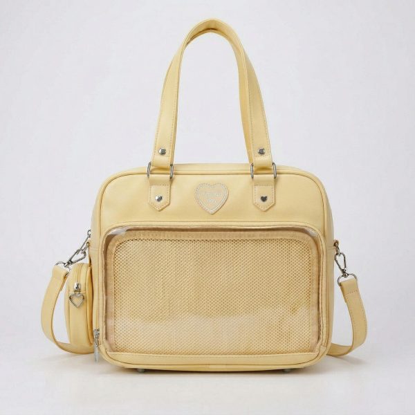 Large Pink Kawaii Y2K Ita Handbag with Clear Window for Pin Display — ita bag detail view