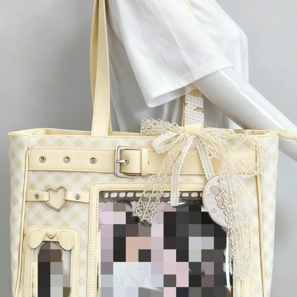 Large Pink Y2K Ita Shoulder Bag with Clear Window for Plushies and Pins — crossbody ita bag detail view