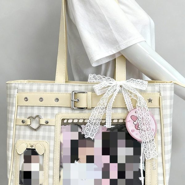 Large Pink Y2K Ita Shoulder Bag with Clear Window for Plushies and Pins — crossbody ita bag detail view