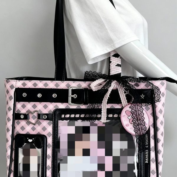 Large Pink Y2K Ita Shoulder Bag with Clear Window for Plushies and Pins — crossbody ita bag with clear display window