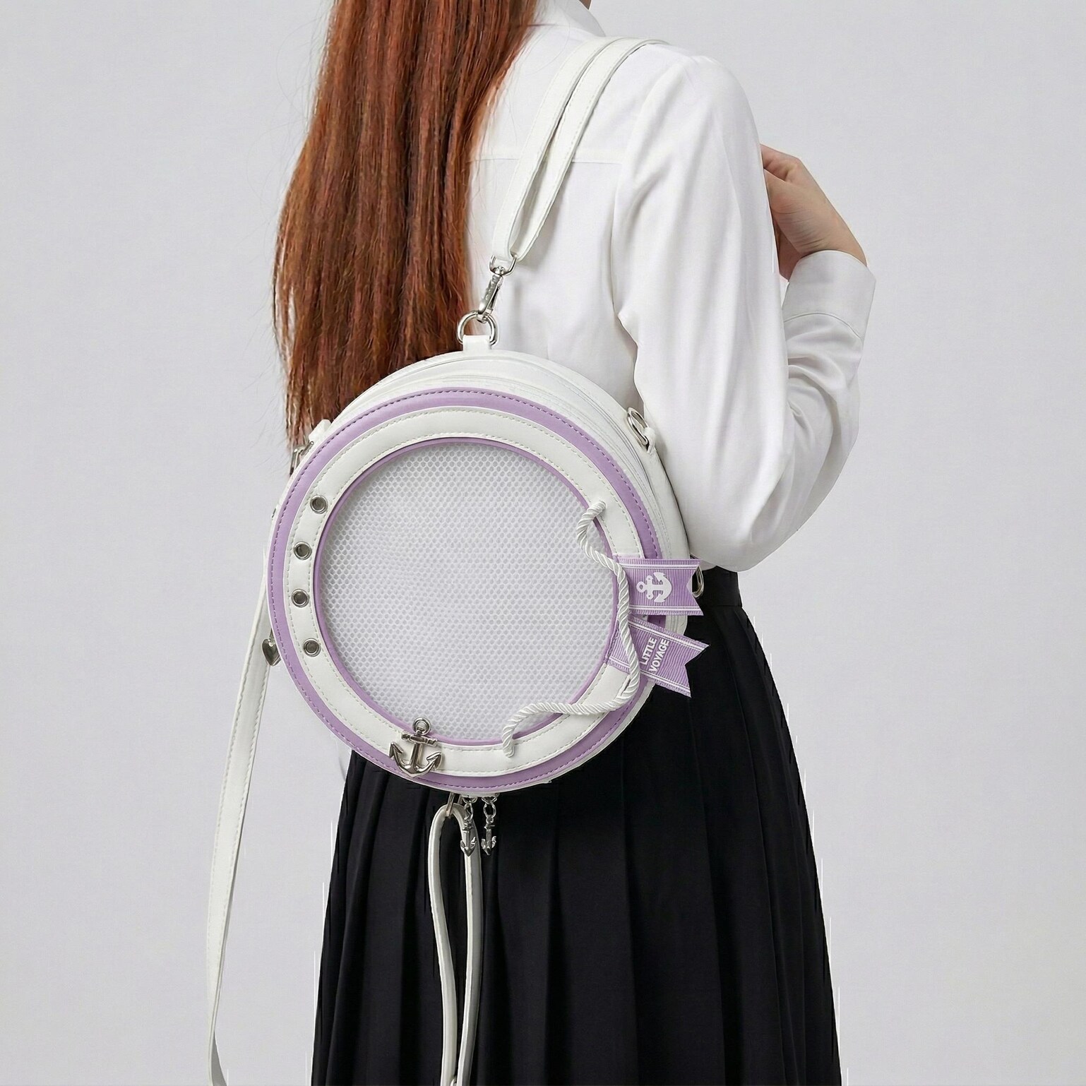 Large Purple Kawaii Y2K Ita Backpack with Clear Window for Pin Display Large Purple Kawaii Y2K Ita Backpack with Clear Window for Pin Display — ita backpack detail view