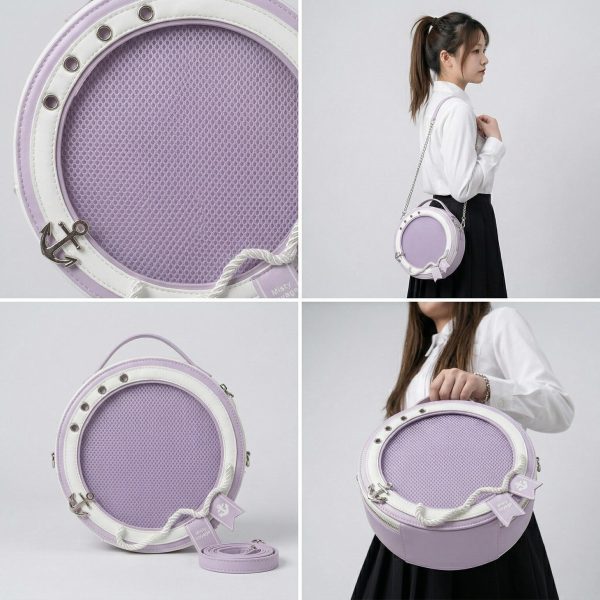 Large Purple Kawaii Y2K Ita Backpack with Clear Window for Pin Display — ita backpack detail view