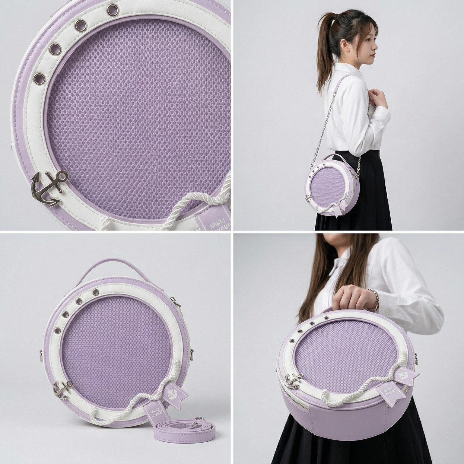 Large Purple Kawaii Y2K Ita Backpack with Clear Window for Pin Display Large Purple Kawaii Y2K Ita Backpack with Clear Window for Pin Display — ita backpack detail view
