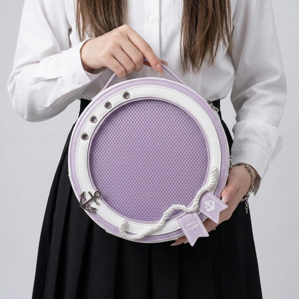 Large Purple Kawaii Y2K Ita Backpack with Clear Window for Pin Display — ita backpack detail view
