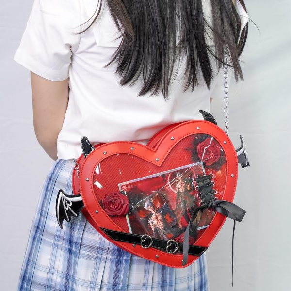 Large Red Kawaii Ita Bag with Clear Window for Pin Display — ita bag detail view