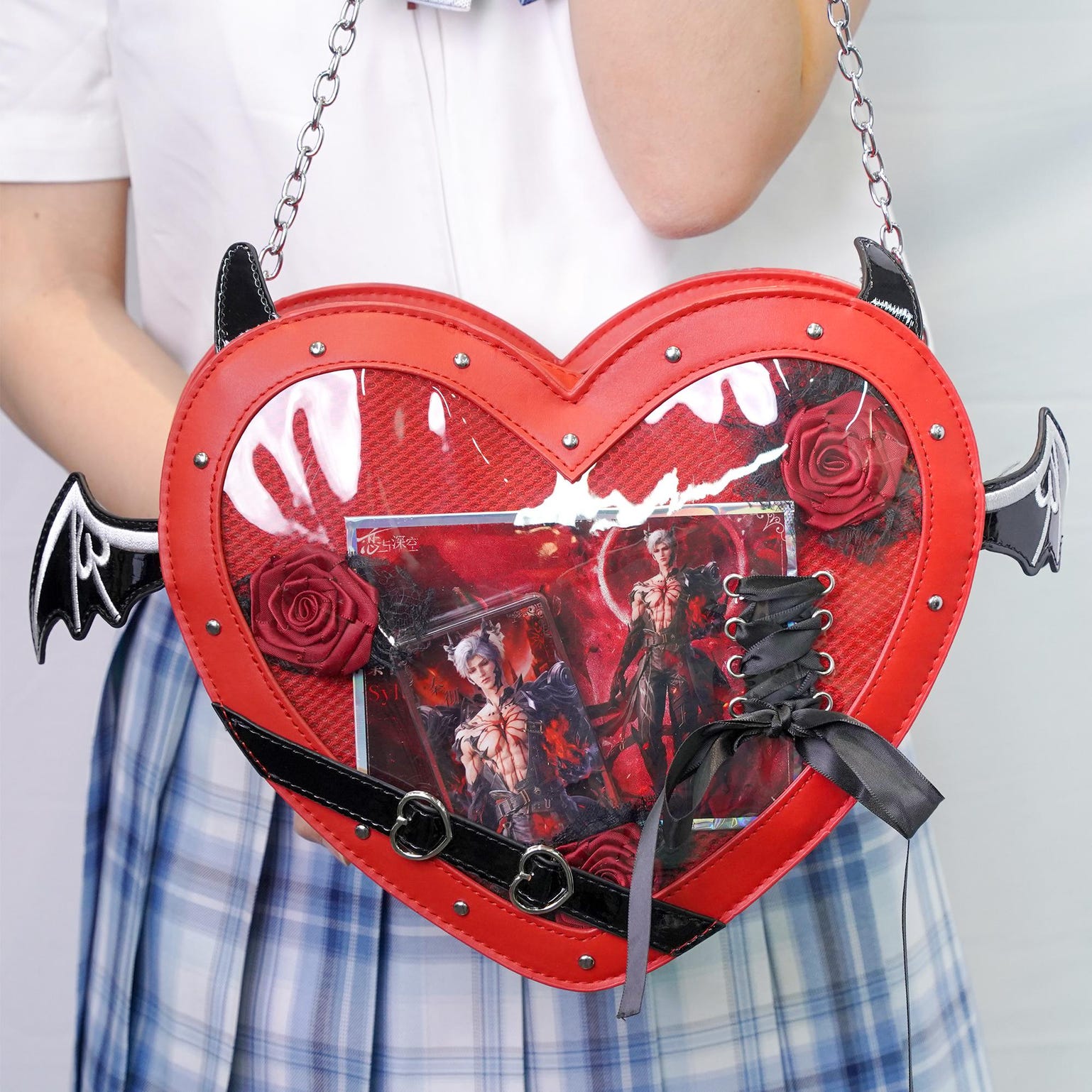 Large Red Kawaii Ita Bag with Clear Window for Pin Display Large Red Kawaii Ita Bag with Clear Window for Pin Display — ita bag detail view