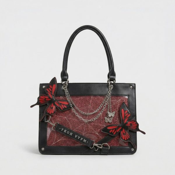 Large Red Kawaii Y2K Ita Handbag with Clear Window for Pin Display — ita bag detail view