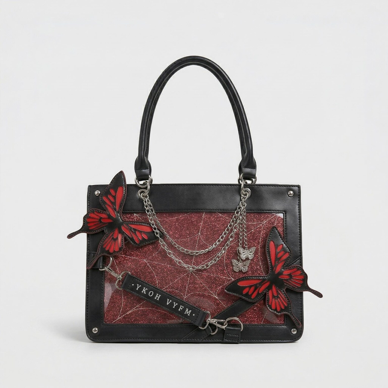 Large Red Kawaii Y2K Ita Handbag with Clear Window for Pin Display Large Red Kawaii Y2K Ita Handbag with Clear Window for Pin Display — ita bag detail view
