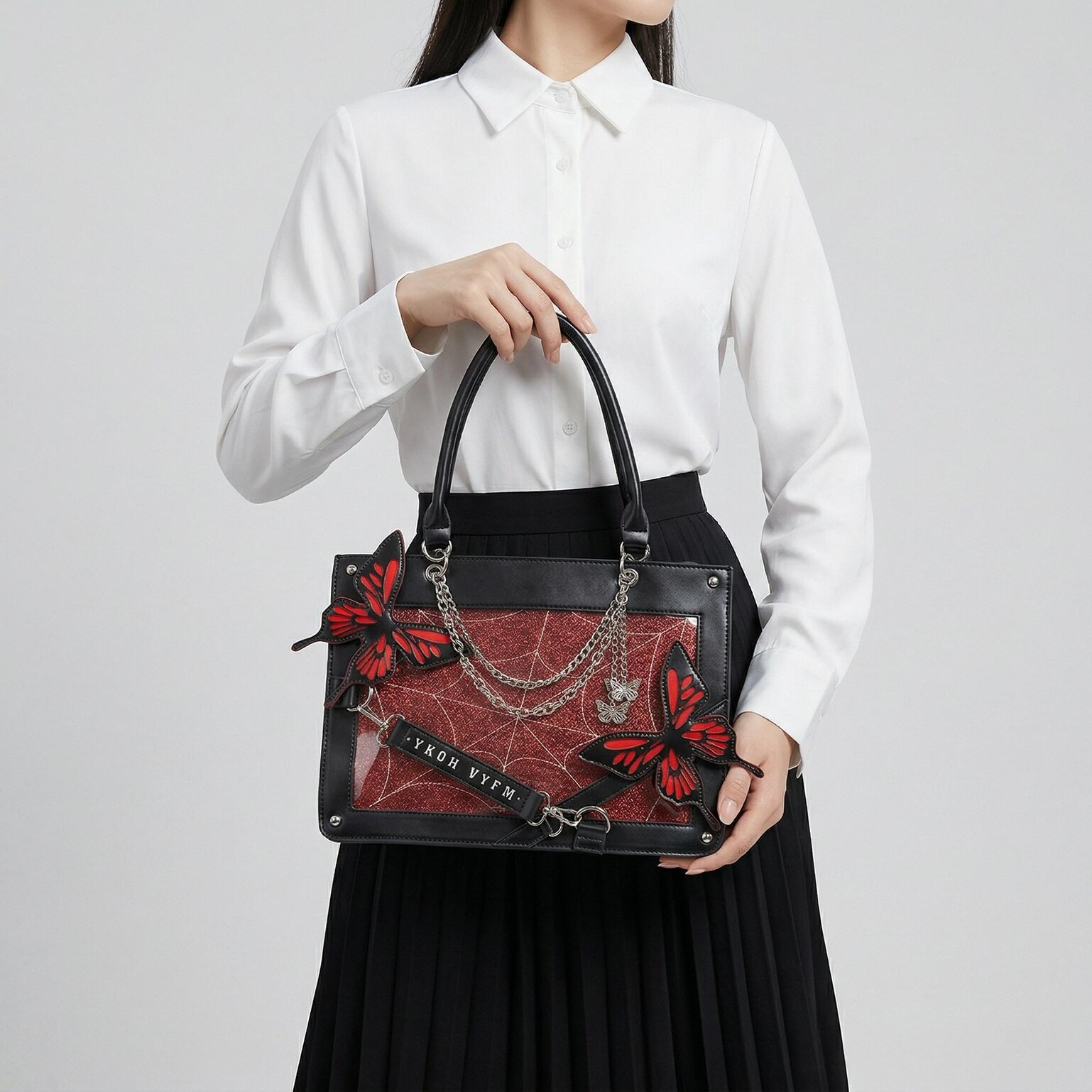 Large Red Kawaii Y2K Ita Handbag with Clear Window for Pin Display Large Red Kawaii Y2K Ita Handbag with Clear Window for Pin Display — ita bag detail view