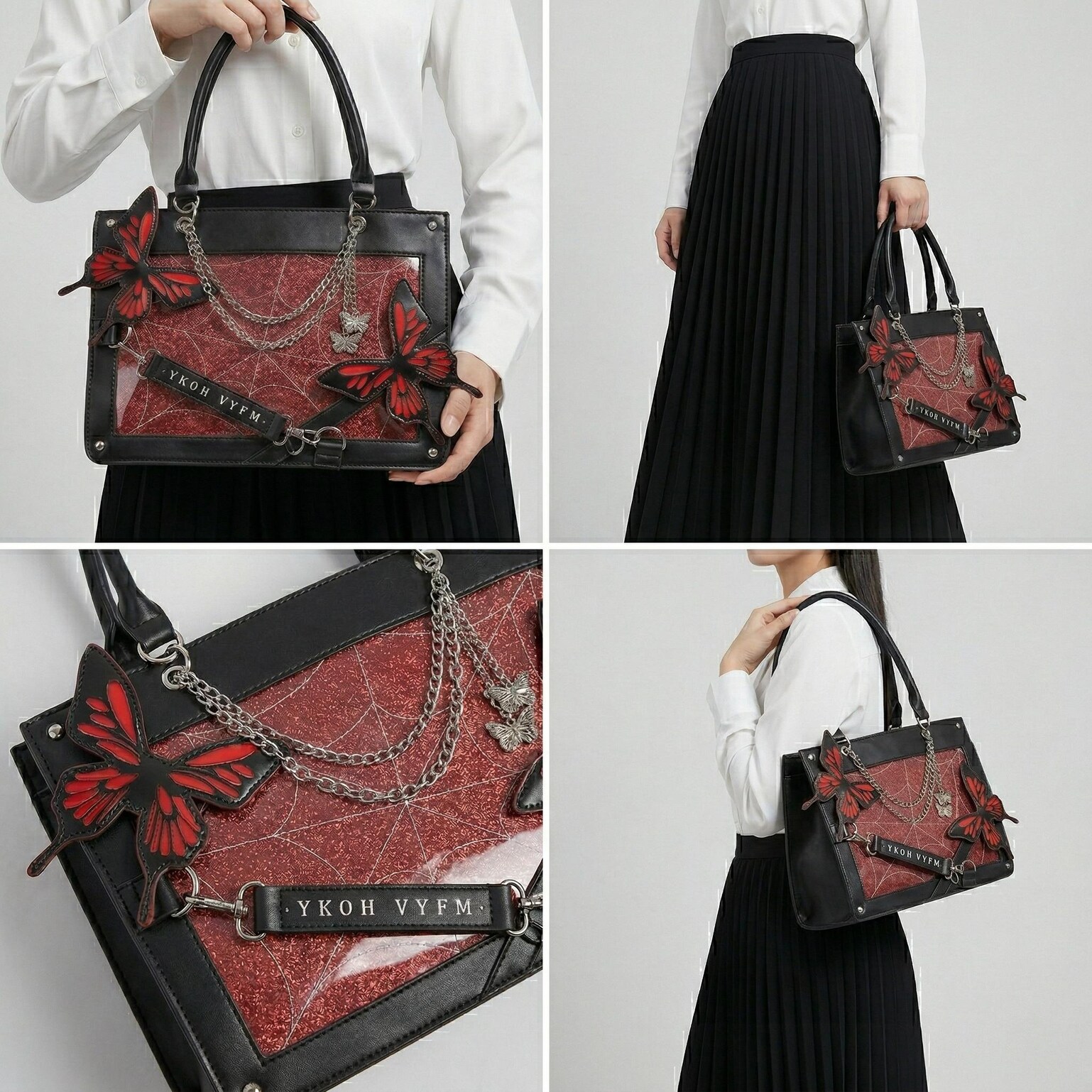 Large Red Kawaii Y2K Ita Handbag with Clear Window for Pin Display Large Red Kawaii Y2K Ita Handbag with Clear Window for Pin Display — ita bag detail view