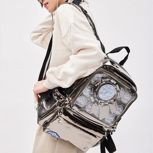 Large Silver Ita Backpack with Clear Window for Plushies and Pins — ita backpack with clear display window