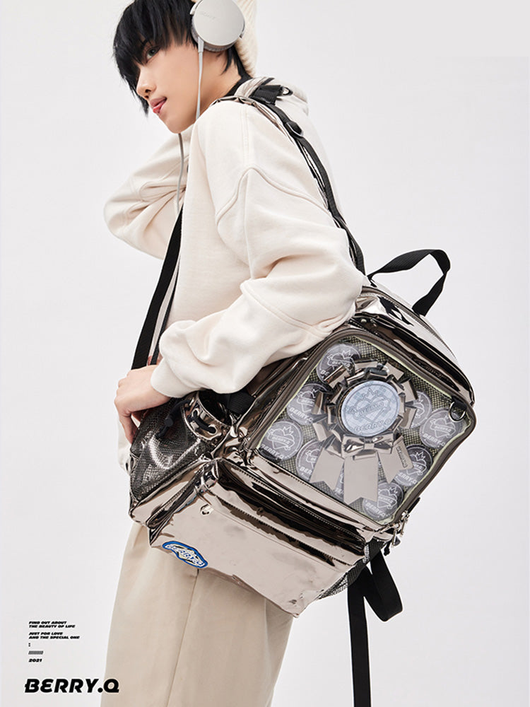 Large Silver Ita Backpack with Clear Window for Plushies and Pins Large Silver Ita Backpack with Clear Window for Plushies and Pins — ita backpack with clear display window