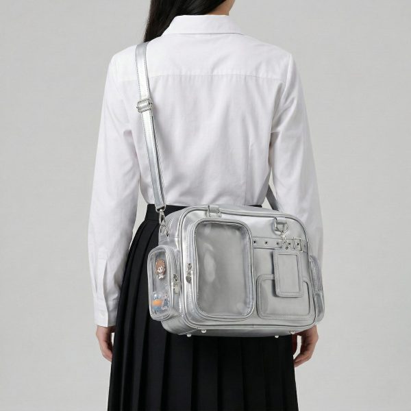 Large Silver Kawaii Y2K Convertible Ita Bag with Clear Window for Photocards and Pins — ita bag detail view