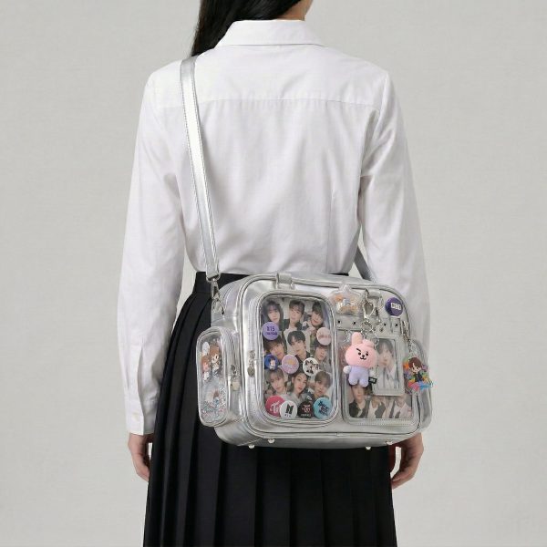 Large Silver Kawaii Y2K Convertible Ita Bag with Clear Window for Photocards and Pins — ita bag detail view