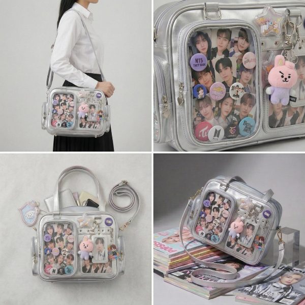Large Silver Kawaii Y2K Convertible Ita Bag with Clear Window for Photocards and Pins — ita bag detail view