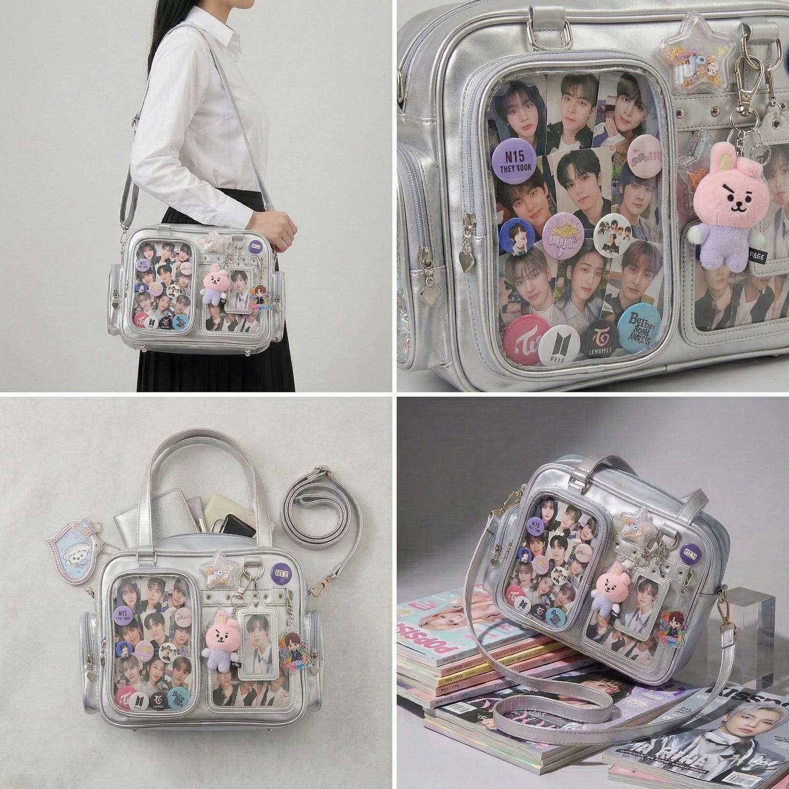 Large Silver Kawaii Y2K Convertible Ita Bag with Clear Window for Photocards and Pins Large Silver Kawaii Y2K Convertible Ita Bag with Clear Window for Photocards and Pins — ita bag detail view