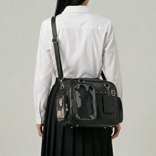 Large Silver Kawaii Y2K Convertible Ita Bag with Clear Window for Photocards and Pins — ita bag detail view