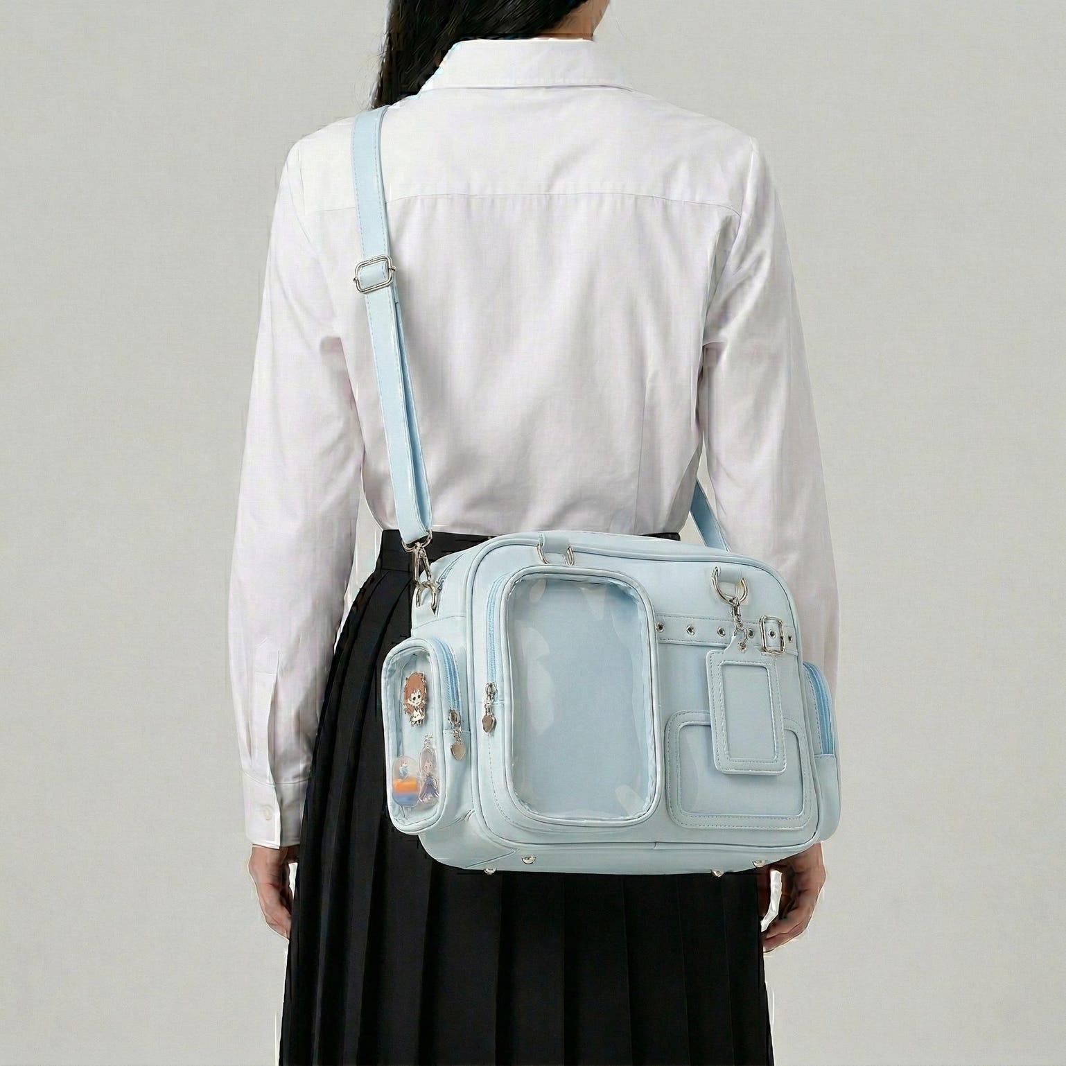 Large Silver Kawaii Y2K Convertible Ita Bag with Clear Window for Photocards and Pins Large Silver Kawaii Y2K Convertible Ita Bag with Clear Window for Photocards and Pins — ita bag detail view