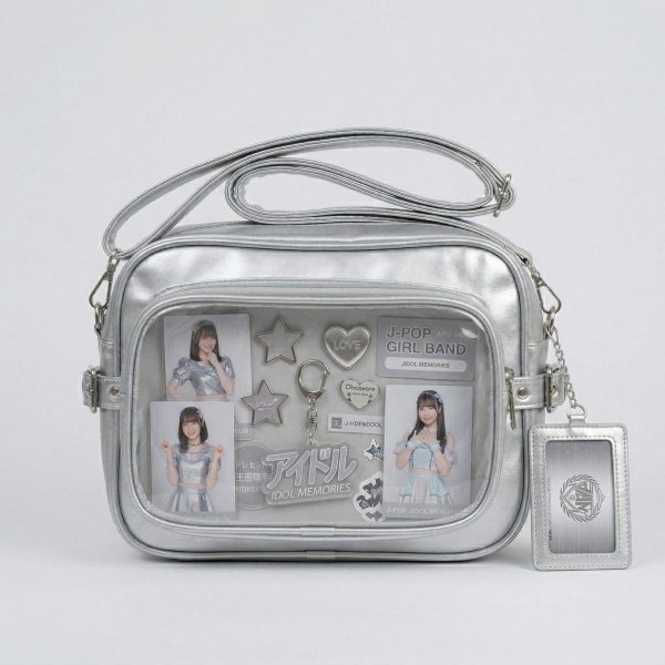 Large Silver Kawaii Y2K Convertible Ita Bag with Clear Window for Plushies and Pins — ita bag detail view